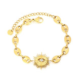 Tresoli Stainless Steel Gold Color PVD Rhinestone Evil Eye Charm Coffee Bean Chain Bracelet With Round Tag