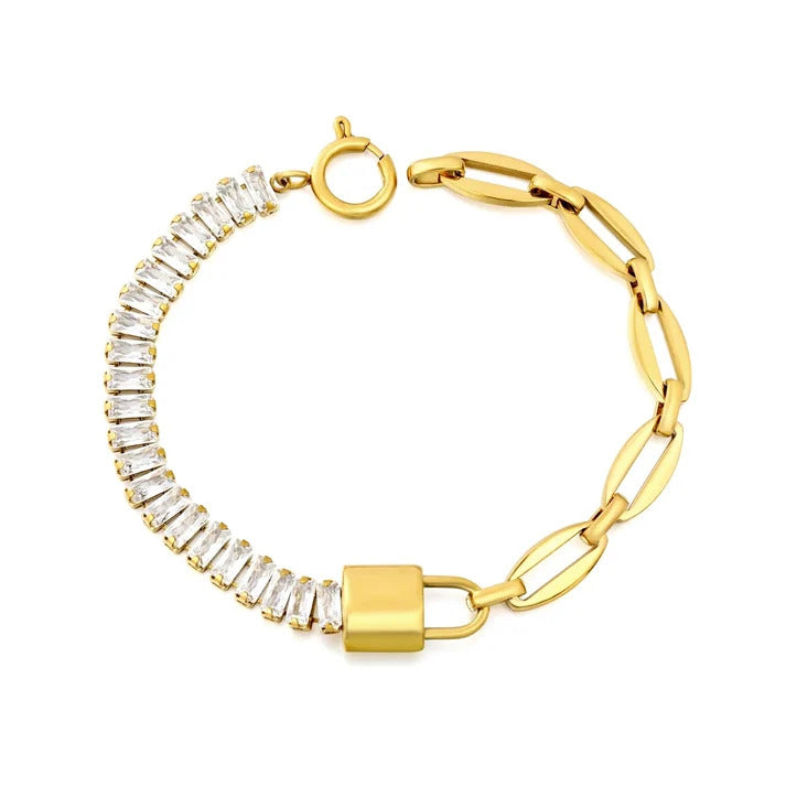 Stainless Steel Gold Color PVD Polished Lock Rectangle Zircon Claw Chain And Handmade Chain Bracelet