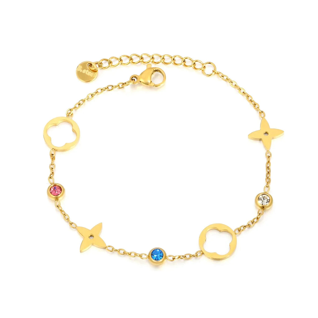 Tresoli Stainless Steel Gold Color PVD Mixed Zircon Hollow Clover And Four Leaf Charm Cross Chain Bracelet