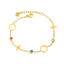 Load image into Gallery viewer, Tresoli Stainless Steel Gold Color PVD Mixed Zircon Hollow Clover And Four Leaf Charm Cross Chain Bracelet