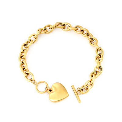Tresoli Stainless Steel Gold Color PVD Heart Oversized Chain Bracelet