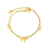 Tresoli Stainless Steel Gold Color PVD Two Hollow Bows And Plain Bow Push Close Chain Bracelet With Round Tag
