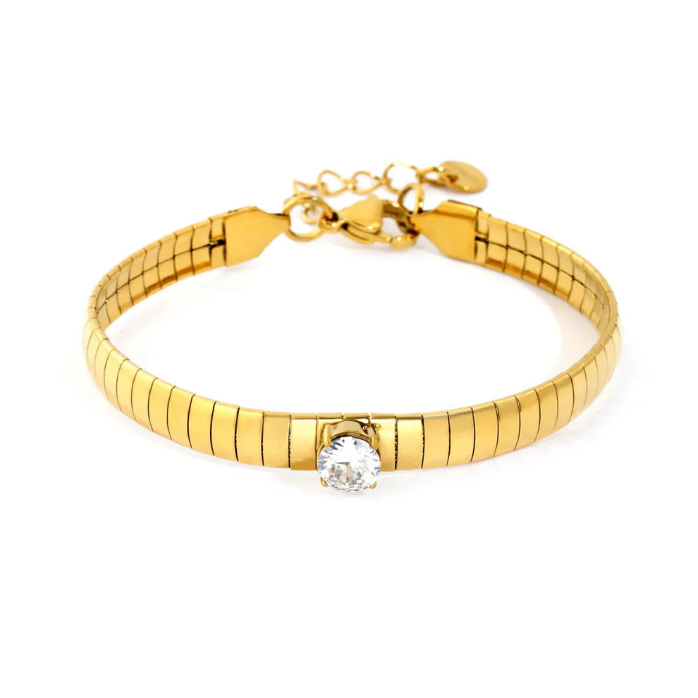 Stainless Steel Gold Color PVD Prong Set Round Zircon Necklace With Snake Bone Chain