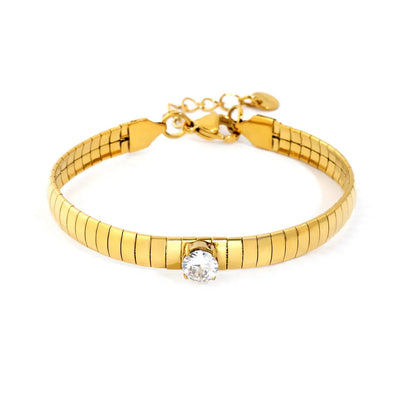 Tresoli Stainless Steel Gold Color PVD Prong Set Round Zircon Necklace With Snake Bone Chain