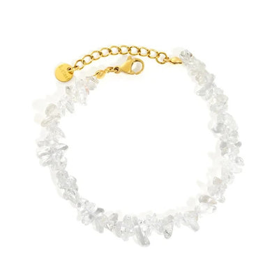 Stainless Steel Gold Color PVD Irregular White Crystal Tourmaline Beads Bracelet With Round Tail Tag