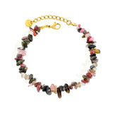 Stainless Steel Gold Color PVD Irregular Mix Crystal Tourmaline Beads Bracelet With Round Tail Tag