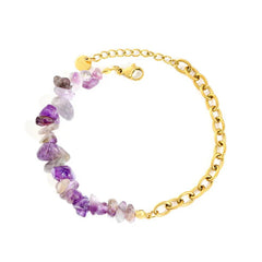 Stainless Steel Gold Color PVD Irregular Purple Spliced Bead O Link Chain With Round Tail Bracelet