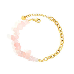 Stainless Steel Gold Color PVD Irregular Pink Spliced Bead O Link Chain With Round Tail Bracelet