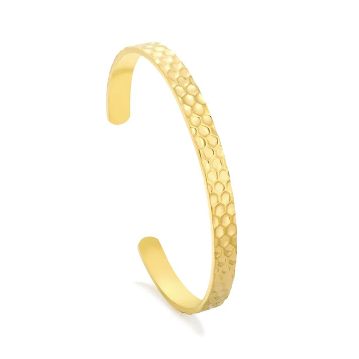 Stainless Steel Gold Color PVD Honeycomb Hammered Bangle Bracelet