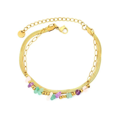 Stainless Steel Gold Color PVD Mixed Natural Stone Steel Bead Double Layer Bracelet With Round Tail Tag