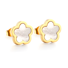 Tresoli Stainless Steel Gold Color PVD Peach Blossoms With White Shell Cutting Stud Earrings
