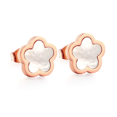 Tresoli Stainless Steel Rose Gold Color PVD Peach Blossoms With White Shell Cutting Stud Earrings