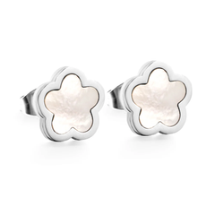 Tresoli Stainless Steel Color PVD Peach Blossoms with White Shell Cutting Stud Earrings