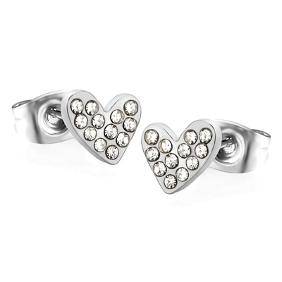 Tresoli Stainless Steel Color PVD Heart Shaped White Diamond Plain Pin Earrings