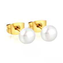 Load image into Gallery viewer, Tresoli Stainless Steel Gold Color PVD 6mm Bread Pearl Butterfly Earrings