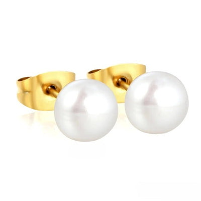 Tresoli Stainless Steel Gold Color PVD 7mm Bread Pearl Butterfly Earrings