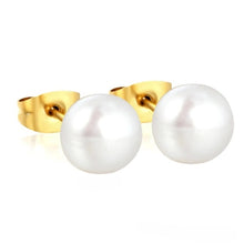 Load image into Gallery viewer, Tresoli Stainless Steel Gold Color PVD 9mm Bread Pearl Butterfly Earrings