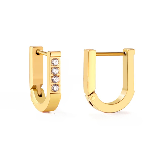 Tresoli  Stainless Steel Gold Color PVD U Shape Piercing Hoop Earrings With Diamonds