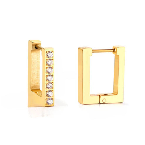 Tresoli Stainless Steel Gold Color PVD Small Square Rectangle Piercing Hoop Earrings With Diamonds