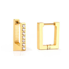Tresoli Stainless Steel Gold Color PVD Small Square Rectangle Piercing Hoop Earrings With Diamonds