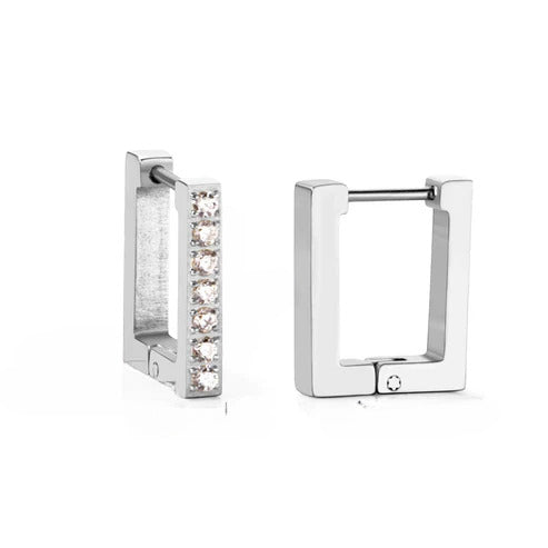 Tresoli Stainless Steel Color PVD Small Square Rectangle Piercing Hoop Earrings With Diamonds