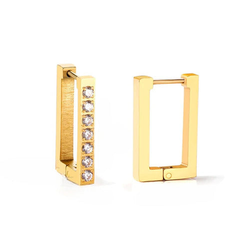 Tresoli Stainless Steel Gold Color PVD Square Rectangle Piercing Hoop Earrings With Diamonds