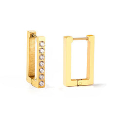 Tresoli Stainless Steel Gold Color PVD Square Rectangle Piercing Hoop Earrings With Diamonds