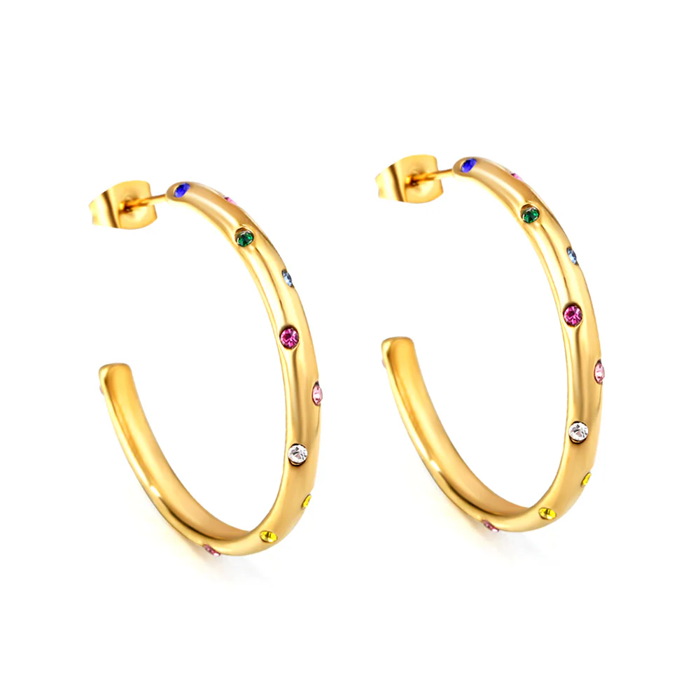 Tresoli Stainless Steel Gold Color PVD Open Half Round Ear Clasp With Mixed Diamonds