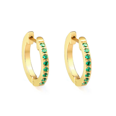 Tresoli  Stainless Steel Gold Color PVD Round Earrings With Green Diamonds