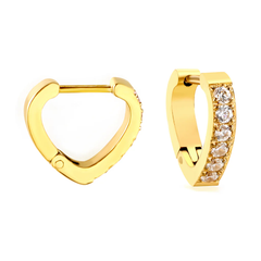Tresoli  Stainless Steel Gold Color PVD Heart Shaped Circle With White And Pink Diamonds Ear Clips