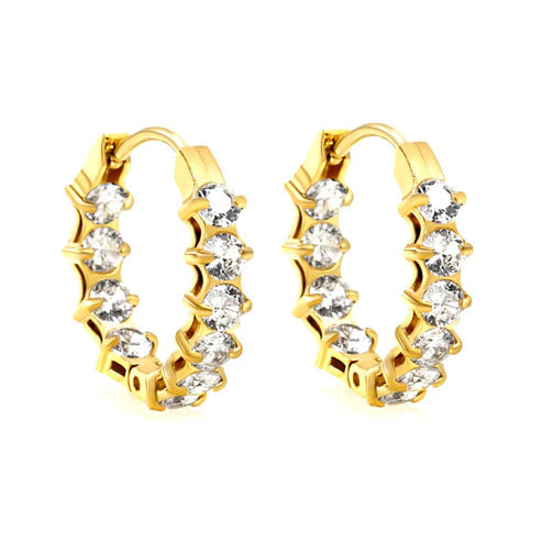 Stainless Steel Gold Color PVD Thick Ear Clips With Rounded White Colored Zirconium