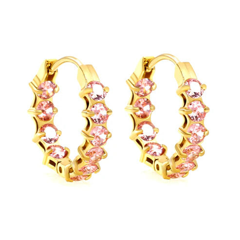 Stainless Steel Gold Color PVD Thick Ear Clips With Rounded Pink Colored Zirconium