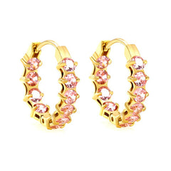 Stainless Steel Gold Color PVD Thick Ear Clips With Rounded Pink Colored Zirconium