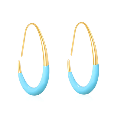 Tresoli Stainless Steel Gold Color PVD Light Blue Egg Shaped Hoop Earrings