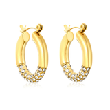 Tresoli Stainless Steel Gold Color PVD Outer Diameter With White Rhinestones Hook Earrings