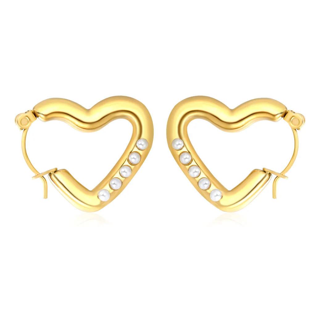 Tresoli Stainless Steel Gold Color PVD Heart Shaped White Pearl Earrings