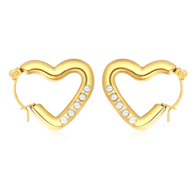 Tresoli Stainless Steel Gold Color PVD Heart Shaped White Pearl Earrings