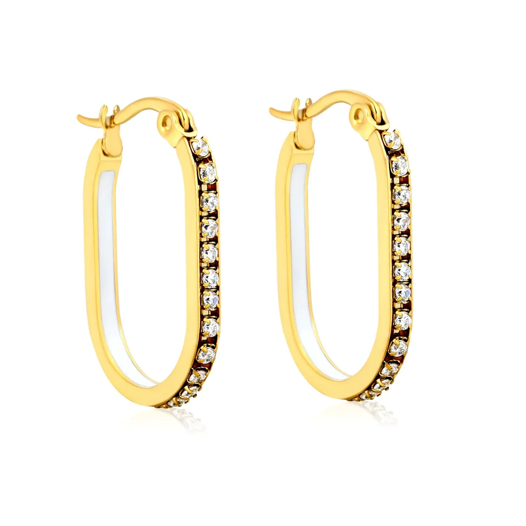 Tresoli Stainless Steel Gold Color PVD Oval Shaped Geometric Band Earrings With White CZ