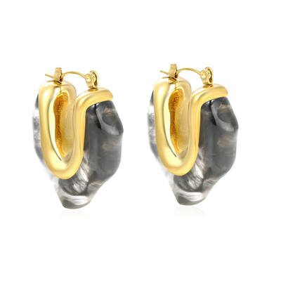 Tresoli Stainless Steel Gold Color PVD Irregular V Shaped Transparent Black Ear Clips