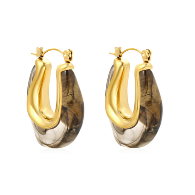 Tresoli  Stainless Steel Gold Color PVD U Shaped Transparent Black Ear Cuffs
