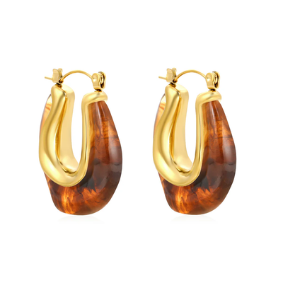 Tresoli Stainless Steel Gold Color PVD U Shaped Amber Resin Ear Cuffs