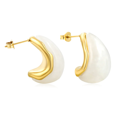 Tresoli Stainless Steel Gold Color PVD Semi Curved Teardrop White Resin Stud Earrings