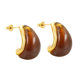 Tresoli Stainless Steel Gold Color PVD Semi Curved Teardrop Amber Resin Stud Earrings
