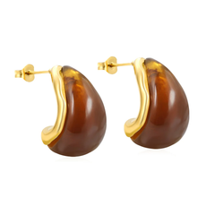 Tresoli Stainless Steel Gold Color PVD Semi Curved Teardrop Amber Resin Stud Earrings