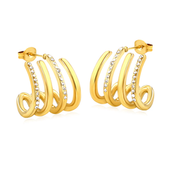 Tresoli Stainless Steel Gold Color PVD Four Link C Shaped Adhesive White Diamond Ear Stud
