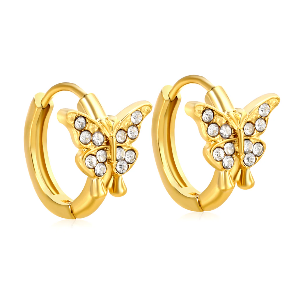 Stelluxe Stainless Steel Gold Color PVD Butterfly Shaped White Zirconia Earrings