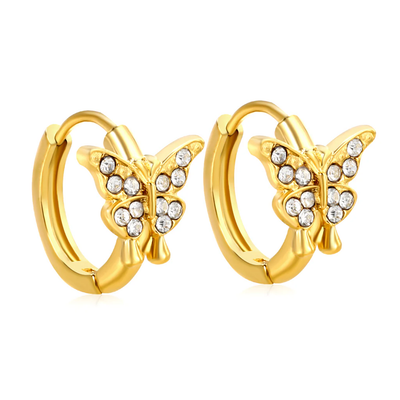Tresoli Stainless Steel Gold Color PVD Butterfly Shaped White Zirconia Earrings