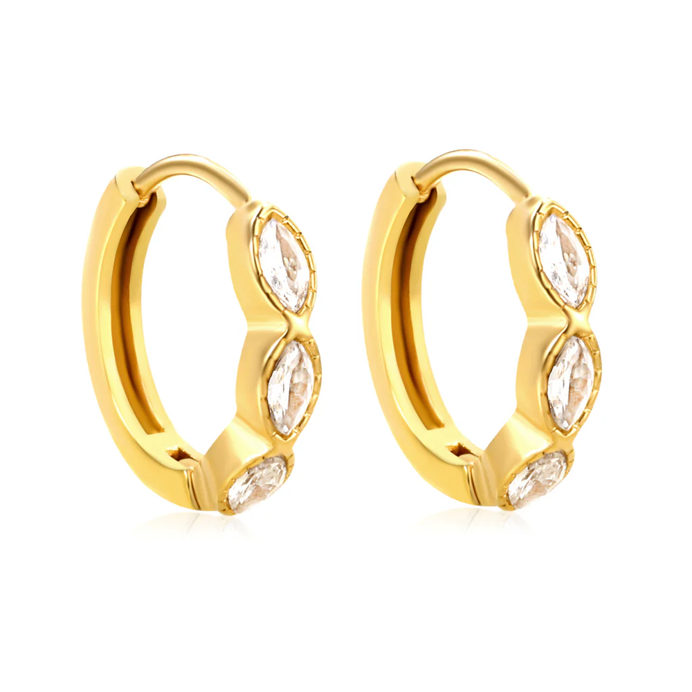 Stainless Steel Gold Color PVD Three Oval Shaped White Zirconia Earrings