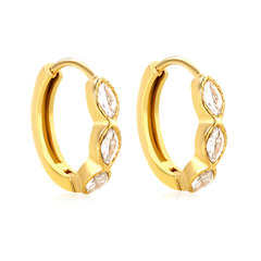 Tresoli Stainless Steel Gold Color PVD Three Oval Shaped White Zirconia Earrings