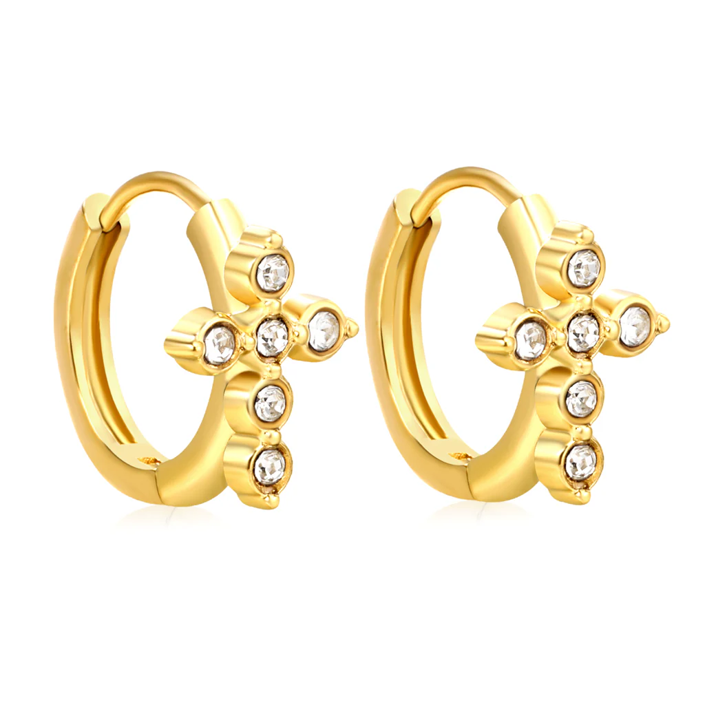 Tresoli Stainless Steel Gold Color PVD Cross Shaped Imitation White Czech Diamond Earrings